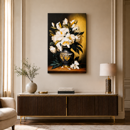Cadouri Femei – Idei Elegante și Cadouri Premium pentru Ea | Borealy - Tablou decorativ Canvas cu flori albe în vază, 50 x 70 cm – decor elegant pentru living, dormitor sau hol