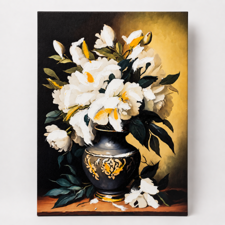 Tablou decorativ Canvas cu flori albe în vază, 50 x 70 cm – decor elegant pentru living, dormitor sau hol [3]