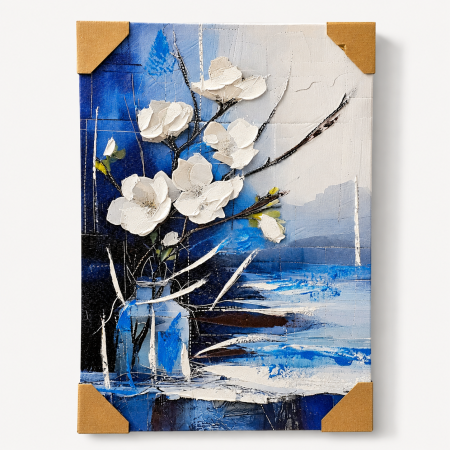 Tablou decorativ abstract cu flori albe și accente albastre cadou elegant pentru bărbați [2]