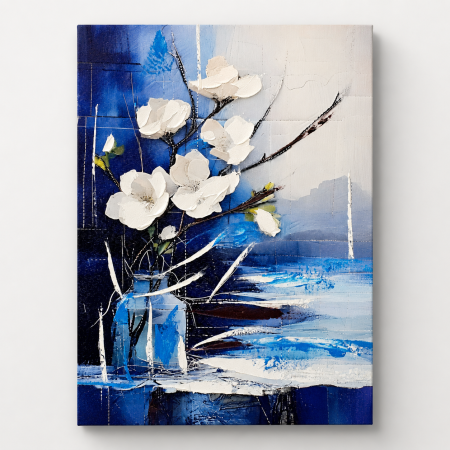 Tablou decorativ abstract cu flori albe și accente albastre cadou elegant pentru bărbați [4]