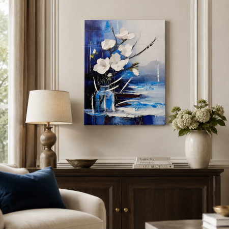 Tablou decorativ abstract cu flori albe și accente albastre cadou elegant pentru bărbați [3]