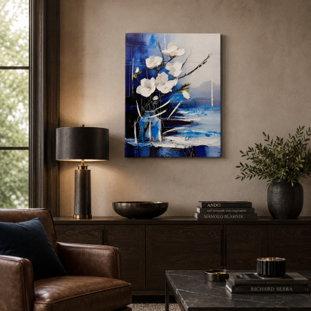 Ocazii Cadouri - Tablou decorativ abstract cu flori albe și accente albastre cadou elegant pentru bărbați