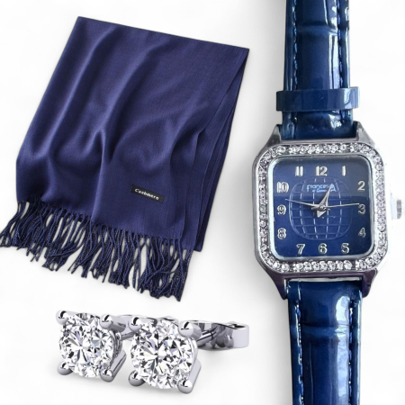 Cadouri pentru Fini - Royal Blue Esarfa Casmir, Ceas Blue si Cercei One
