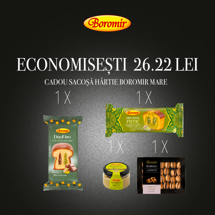 Pachet (1*CHEC ROYAL FISTIC 450G + 1*COZONAC DUOFINO FISTIC &CIOCOLATA LAPTE 400 G + 1*CREMA TARTINABILA CU 30% FISTIC 200G  + 1*PRICOMIGDALE CU CIOCOLATA 500G+1*SACOSA HARTIE  BOROMIR  MARE ) [1]