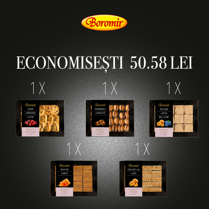 Pachet (1* CIPSURI CU MERISOARE SI STAFIDE 500G +1* PRICOMIGDALE CU CIOCOLATA 500G +1* PRAJITURA CU BEZEA, NUCA SI AFINE 800G +1* PRAJITURA ALBINITA 600G+ 1*PRAJITURA LICA CU NUCA 500G) [1]
