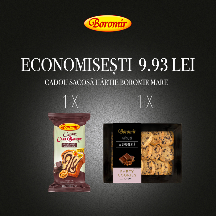 Pachet (1*COZONAC CASA BOROMIR CR. NUCI CIOCOLATA  550G + 1*CIPSURI CU CIOCOLATA 400G + 1*SACOSA HARTIE BOROMIR  MICA) [1]