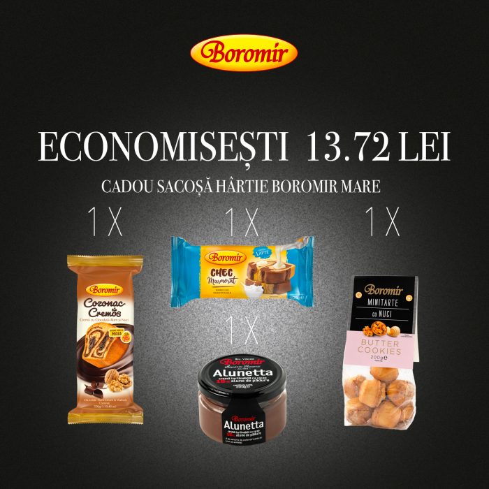 Pachet (1*COZONAC CREMOS CIOCOLATA ROM SI NUCI 550G + 1*CHEC MARMORAT CREMA LAPTE 400G+1*ALUNETTA - CREMA DE CACAO CU ALUNE DE PADURE 200G+ 1*MINITARTE CU NUCI 200G + SACOSA HARTIE  BOROMIR  MARE ) [1]