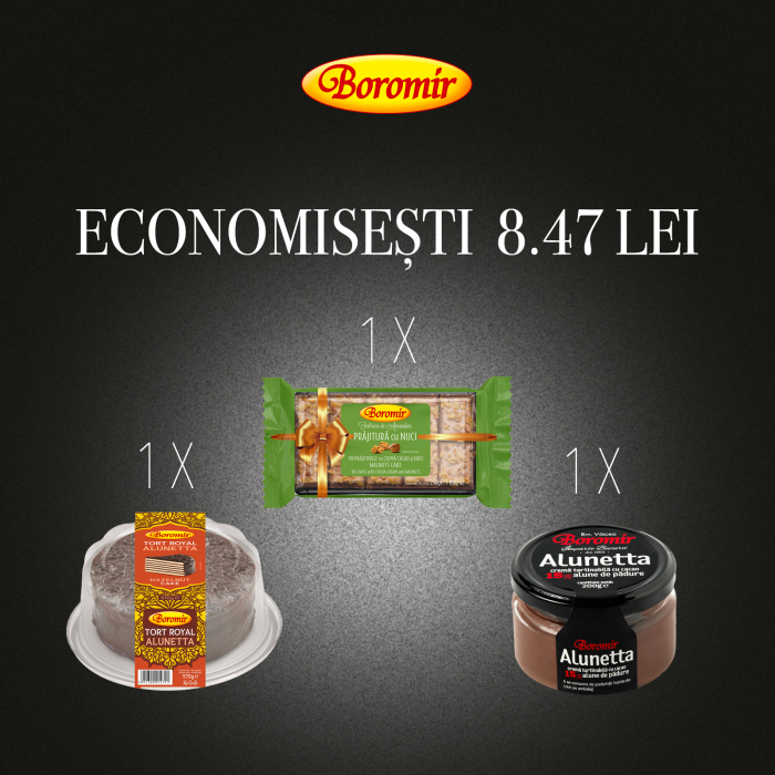 Pachet (1* PRAJITURA CU NUCI 250G + 1*TORT ROYAL ALUNETTA 570G+1* ALUNETTA - CREMA DE CACAO CU ALUNE DE PADURE 200G) [1]