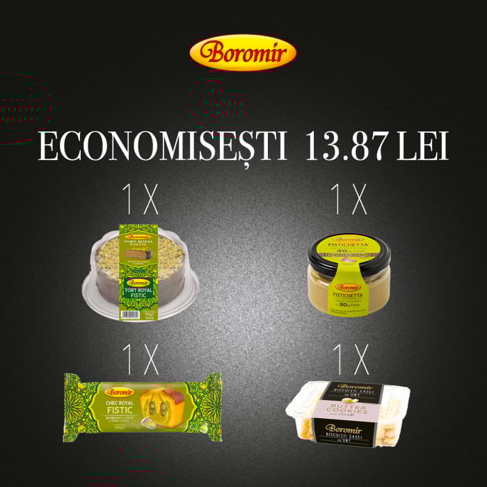 Pachet (1*TORT ROYAL FISTIC 570G+ CHEC ROYAL FISTIC 450G + CREMA TARTINABILA CU 30% FISTIC 200G  + BISCUITII CASEI CU UNT 250G) [1]