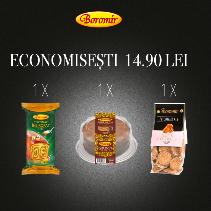 Pachet (1*TORT ROYAL TIRAMISU 550G+ PRICOMIGDALE CU NUCI 180G +  1*COZONAC INSIROPAT FISTIC 550G) [1]