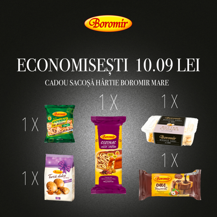 Pachet (1* TURTA DULCE DE SIBIU 400G +1* COVRIGI DE BUZAU 250G+ 1* COZONAC CREMA DE NUCA SI STAFIDE 700G + 1* CHEC MARMORAT CREMA CIOC. CU ALUNE 400G +1* BISCUITII CASEI CU UNT 250G +1*SACOSA HARTIE [1]