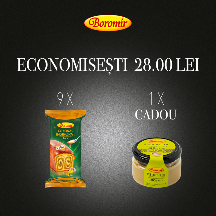 Pachet (1BAX - 9BUC*COZONAC INSIROPAT NUCA FISTIC 550G + 1*CREMA TARTINABILA CU 30% FISTIC 200G CADOU) [1]