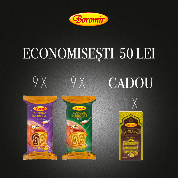 Pachet (2BAX- 9*BUC*COZONAC INSIROPAT FISTIC 550G +9*BUC*COZONAC INSIROPAT NUCI FISTIC 550G+ 1*CIOCOLATA ROYAL PISTACHIO 190G CADOU) [1]