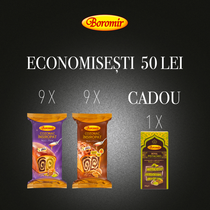 Pachet (2BAX- 9BUC*COZONAC INSIROPAT NUCI FISTIC 550G + 9BUC*COZONAC INSIROPAT NUCI CACAO 550G  + 1*CIOCOLATA ROYAL PISTACHIO 190G CADOU) [1]