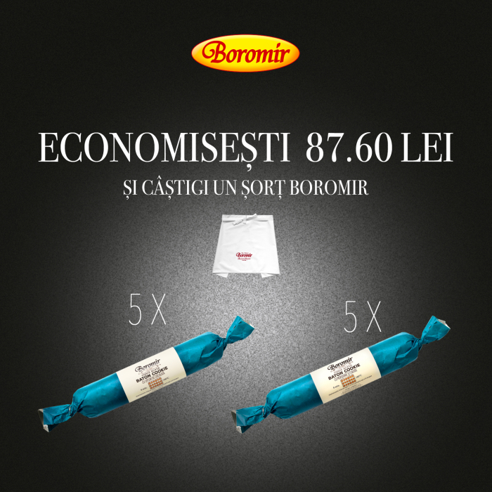 Pachet (5* BATON COOKIE CU MERISOARE SI STAFIDE 500G CONG + 5* BATON COOKIE CU CIPSURI DE CIOCOLATA 500G CONG +1* 1*SORT  ALB SCURT BOROMIR ) [1]
