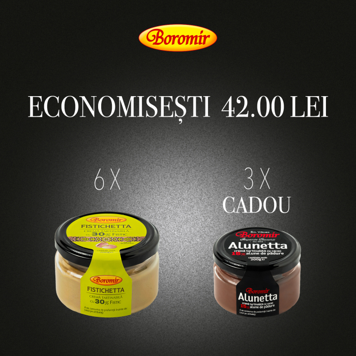 Pachet (6BUC*CREMA TARTINABILA CU 30% FISTIC 200G + 3*ALUNETTA - CREMA DE CACAO CU ALUNE DE PADURE 200G  CADOU) [1]