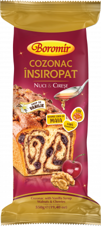 Cozonac Insiropat - Cozonac Însiropat cu sirop de vanilie, cremă cu nuci și cireșe 550g