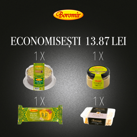 Black Friday 2025 - Pachet (1*TORT ROYAL FISTIC 570G+ CHEC ROYAL FISTIC 450G + CREMA TARTINABILA CU 30% FISTIC 200G  + BISCUITII CASEI CU UNT 250G)