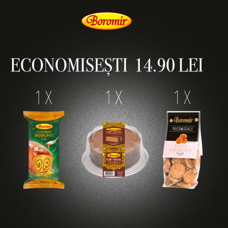 Black Friday 2025 - Pachet (1*TORT ROYAL TIRAMISU 550G+ PRICOMIGDALE CU NUCI 180G +  1*COZONAC INSIROPAT FISTIC 550G)