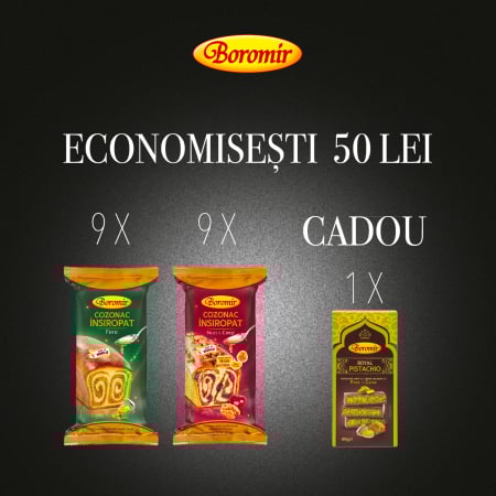 Black Friday 2025 - Pachet (2BAX- 9BUC*COZONAC INSIROPAT FISTIC 550G + 9BUC*COZONAC INSIROPAT NUCI CIRESE 550G  + 1*CIOCOLATA ROYAL PISTACHIO 190G CADOU)