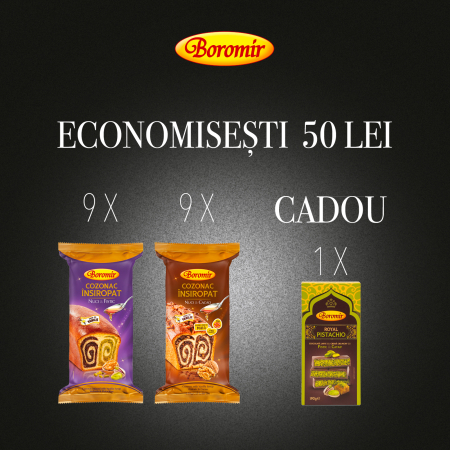 Black Friday 2025 - Pachet (2BAX- 9BUC*COZONAC INSIROPAT NUCI FISTIC 550G + 9BUC*COZONAC INSIROPAT NUCI CACAO 550G  + 1*CIOCOLATA ROYAL PISTACHIO 190G CADOU)
