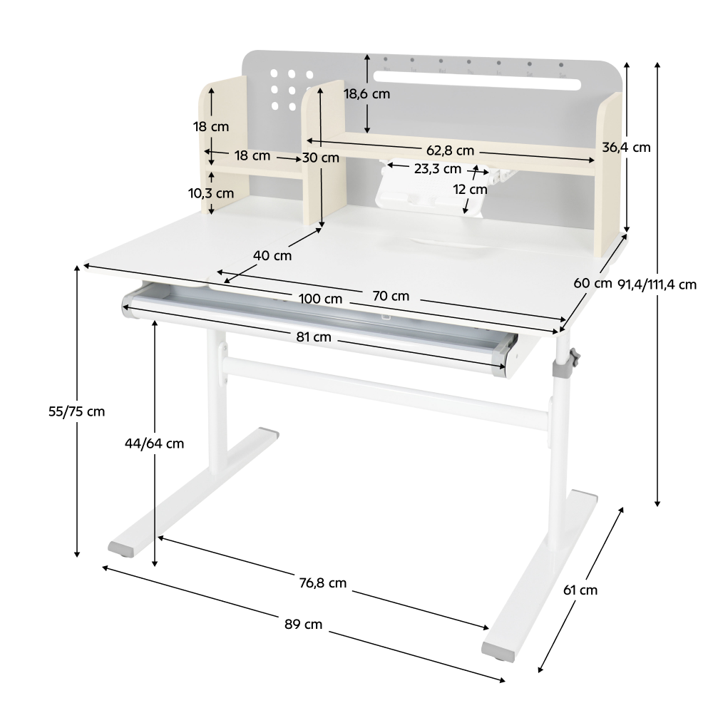 Masă de scris crescătoare, gri/alb, ODIN [27]