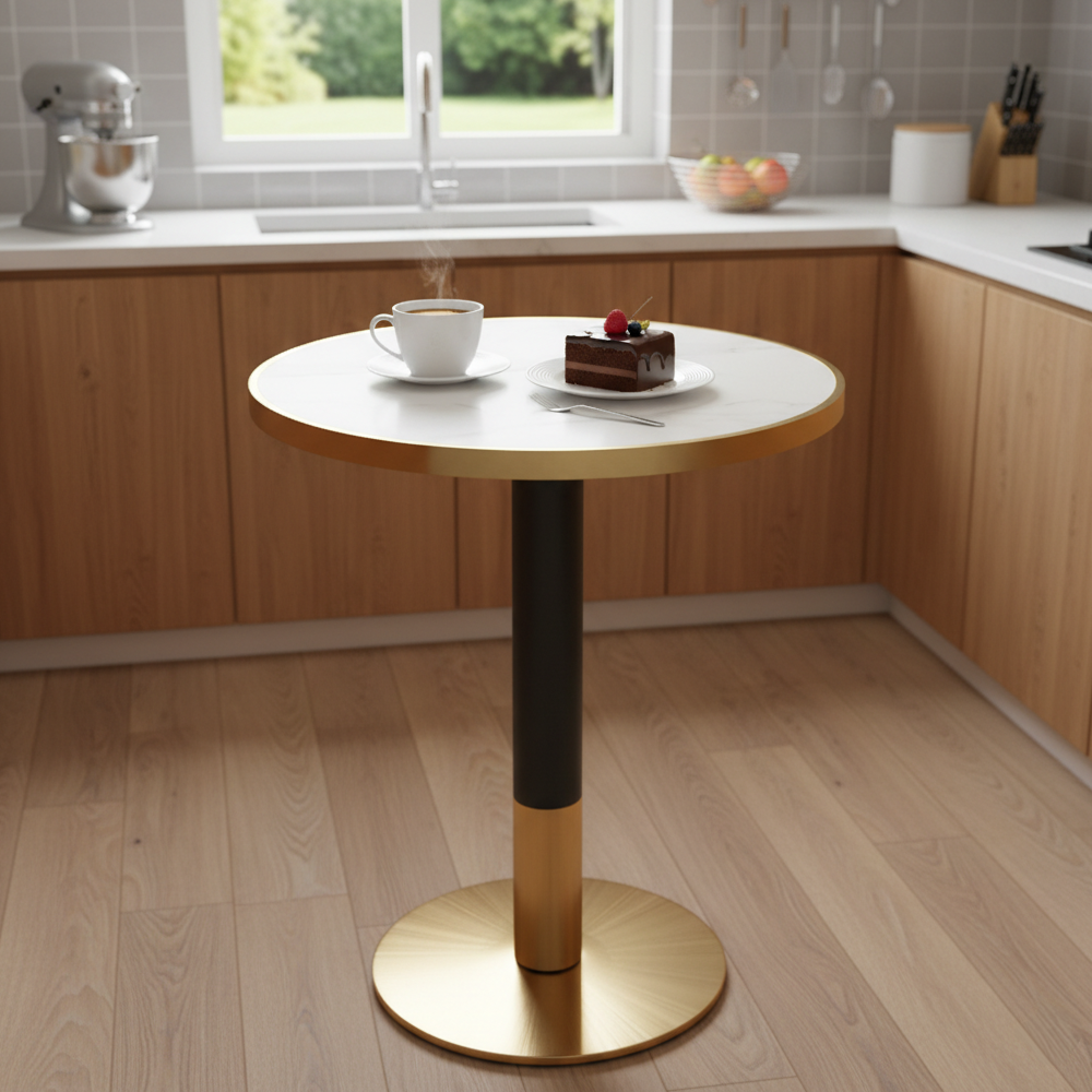 Masă de sufragerie bistro, marmură albă/negru/aur, diametru 80 cm, OREN [2]