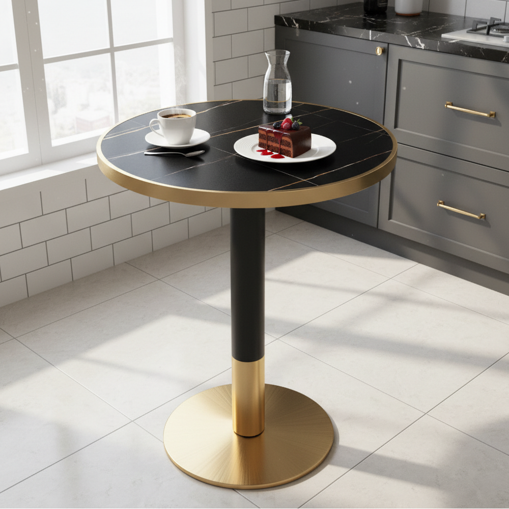 Masă de sufragerie bistro, marmură negră/negru/aur, diametru 80 cm, OREN [2]