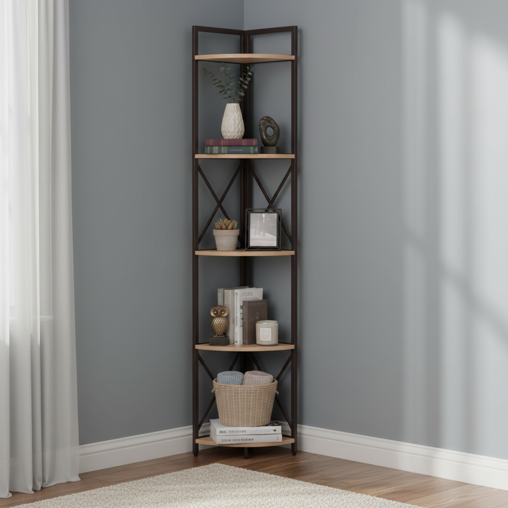 Raft de colţ cu poliţe, stejar/negru, PASOKO [1]