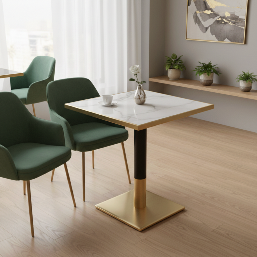 Masă de sufragerie bistro, marmură albă/negru/aur, 70x70 cm, PRESTON [1]