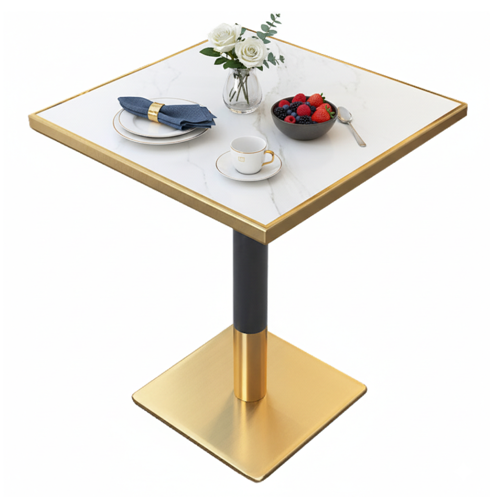 Masă de sufragerie bistro, marmură albă/negru/aur, 70x70 cm, PRESTON [2]