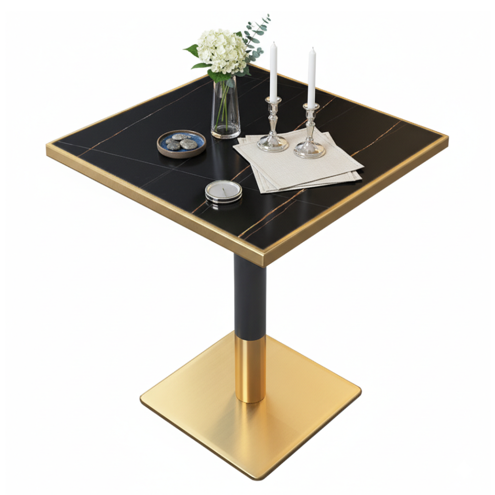 Masă de sufragerie bistro, marmură negră/negru/aur, 70x70 cm, PRESTON [2]