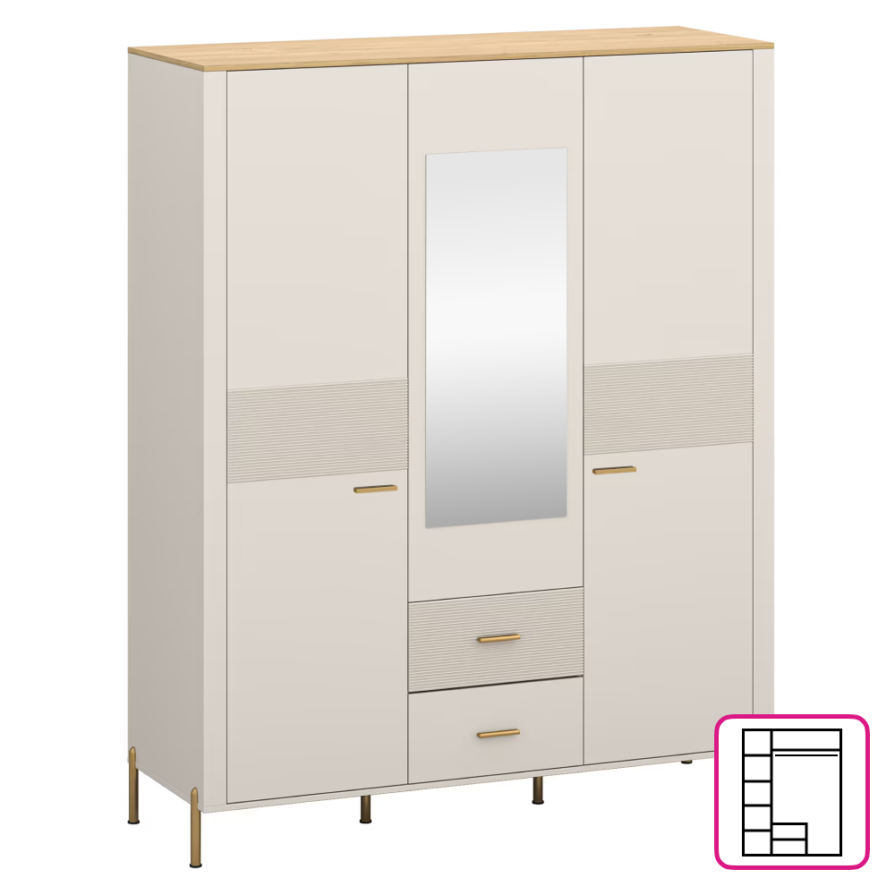 Dulapuri haine si Sifoniere - Dulap cu oglindă, caşmir/stejar de piatră, RUNOL 3D2S