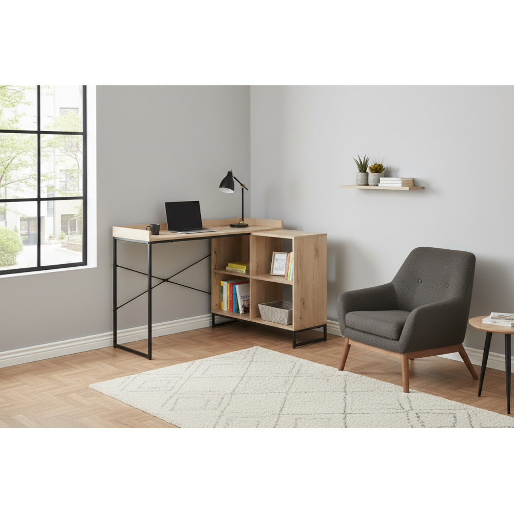 Masă PC de colţ, stejar/negru, ULOSTOL [1]