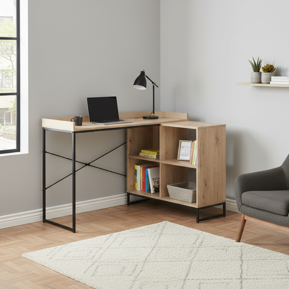 Masă PC de colţ, stejar/negru, ULOSTOL [2]