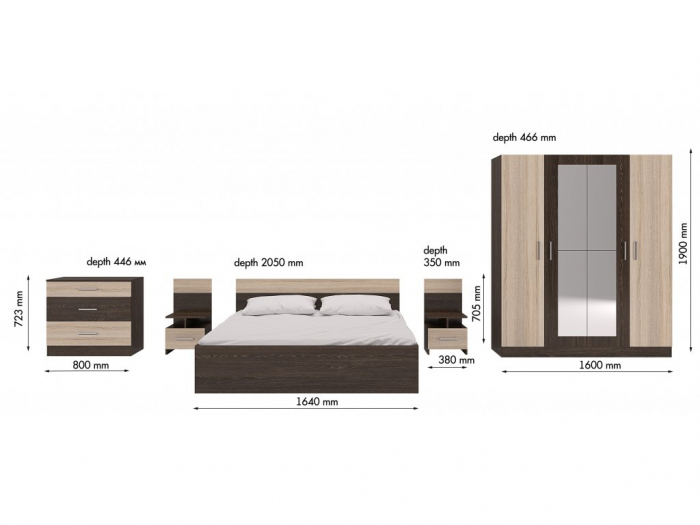 Set de dormitor , pat 160x200 + 2 noptiere , comoda ,dulap 4 usi cu oglinzi , in 2 variante de culoare [2]