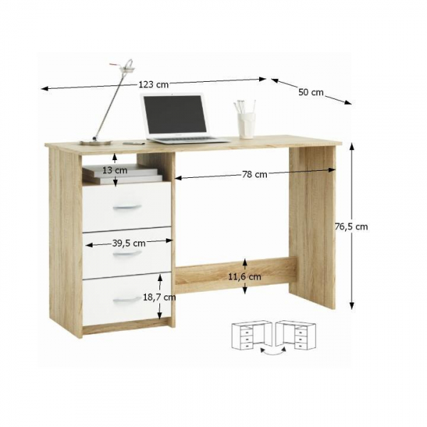 Birou Stejar Sonoma/alb 123 cm, cu 3 sertare, 123x50x77 [2]