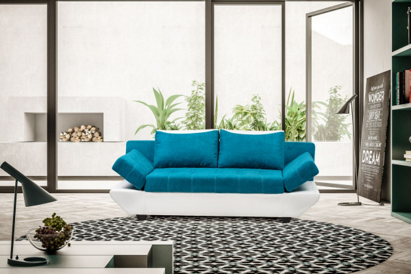 Canapea extensibila, moderna cu spatiu depozitare  , brate incadrate reglabile, 200 cm lungime, albastru rubin/ piele eco crem [2]