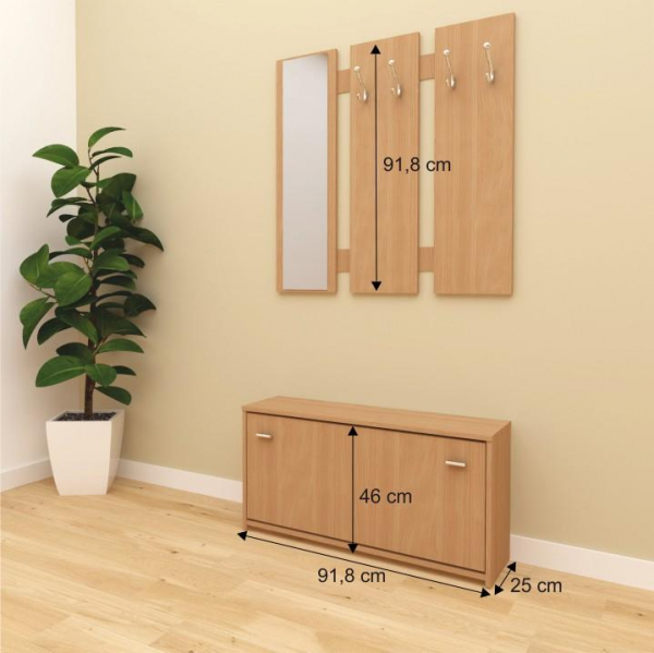 Cuier/mobilier hol, fag, cu pantofar si oglinda, 92 cm lungime,Bortis Impex [3]