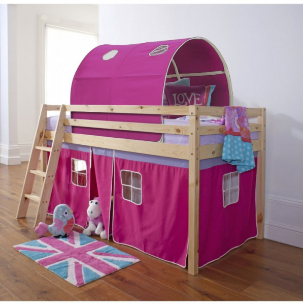 Pat pentru copil, inaltat ,cu cort si tunel roz,208x90x110 cm,lemn pin,Bortis Impex [1]