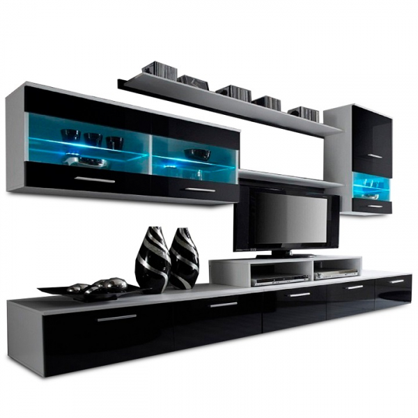 Set Living ultra modern ,pal Negru lucios/alb, 250 cm lungime, iluminare led albastru,Bortis Impex [5]