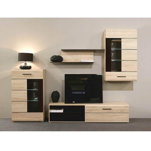 Mobilier de living cu lumină LED, 228 cm lungime , stejar sonoma/sticlă, Bortis Impex [4]
