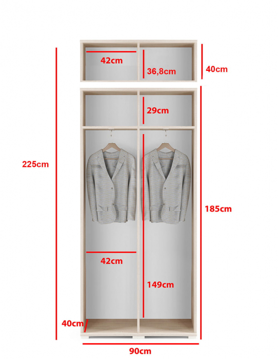Cuier mobilier hol cu panouri tapitate , cu oglinda, 140 cm lungime x 225 cm inaltime x 40 cm adancime, pal alb/stofa textil bej light, dulapuri duble+dulapuri suprainaltate , suport umerase, [4]