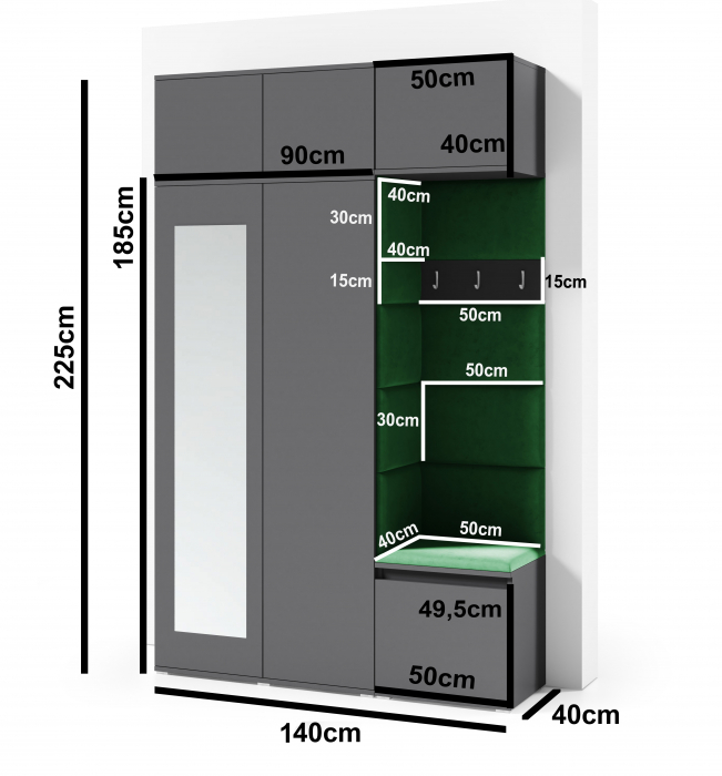 Cuier mobilier hol cu panouri tapitate , cu oglinda, 140 cm lungime x 225 cm inaltime x 40 cm adancime, pal alb/stofa textil bej light, dulapuri duble+dulapuri suprainaltate , suport umerase, [3]