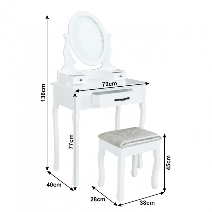 Masuta de toaleta cu taburet inclus, oglinda, alb/argintiu, Bortis Impex [3]
