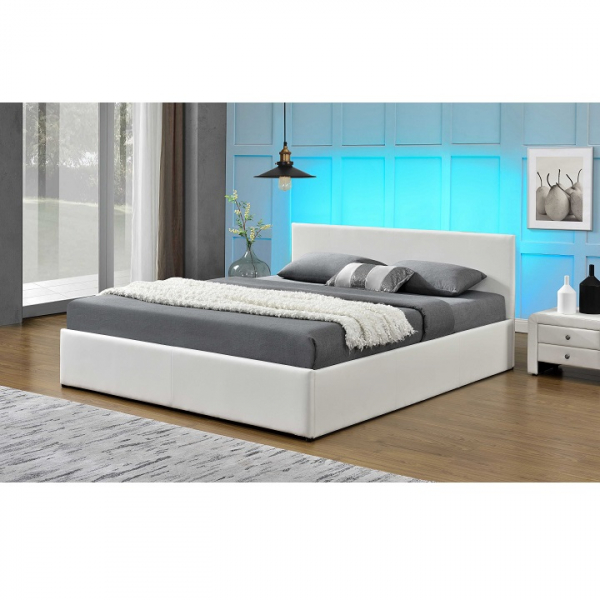 Pat tapitat dormitor , cu lumina  led,  lada si somiera rabatabila , piele eco alba, Bortis Impex [2]