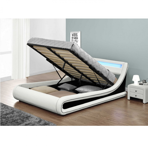 Pat tapitat cu led 180x200 cm ,piele ecologica alb/negru, cu lada si somiera inclinabila inclusa,Bortis Impex [6]