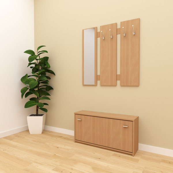 Cuier/mobilier hol, fag, cu pantofar si oglinda, 92 cm lungime,Bortis Impex [2]