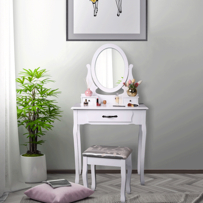 Masuta de toaleta cu taburet inclus, oglinda, alb/argintiu, Bortis Impex [17]