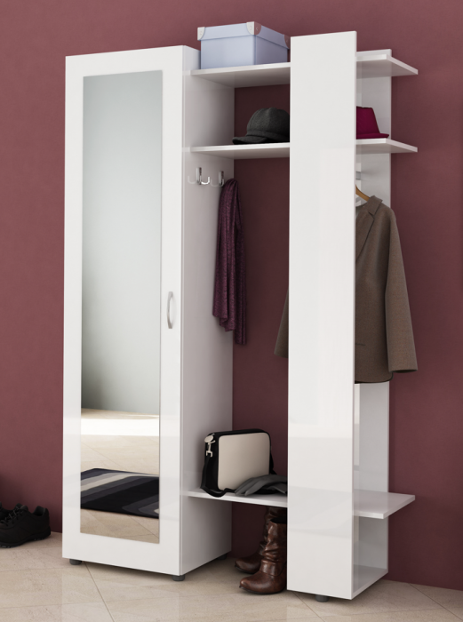 Mobila de hol-Cuier cu dulap, usa cu soft close-amortizare, suport umerase,cu oglinda si rafturi,120 cm lungime, pantofar deschis ,alb lucios, Bortis Impex [3]